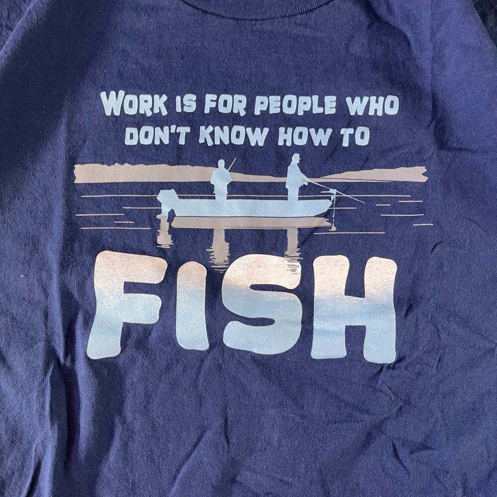 Funny 2000s fishing novelty blue graphic T-shirt men’s XL delta pro weight